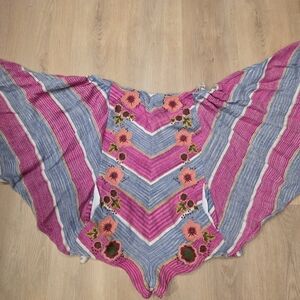 Free People- Pink & Blue Striped Embroidered Boho Romper